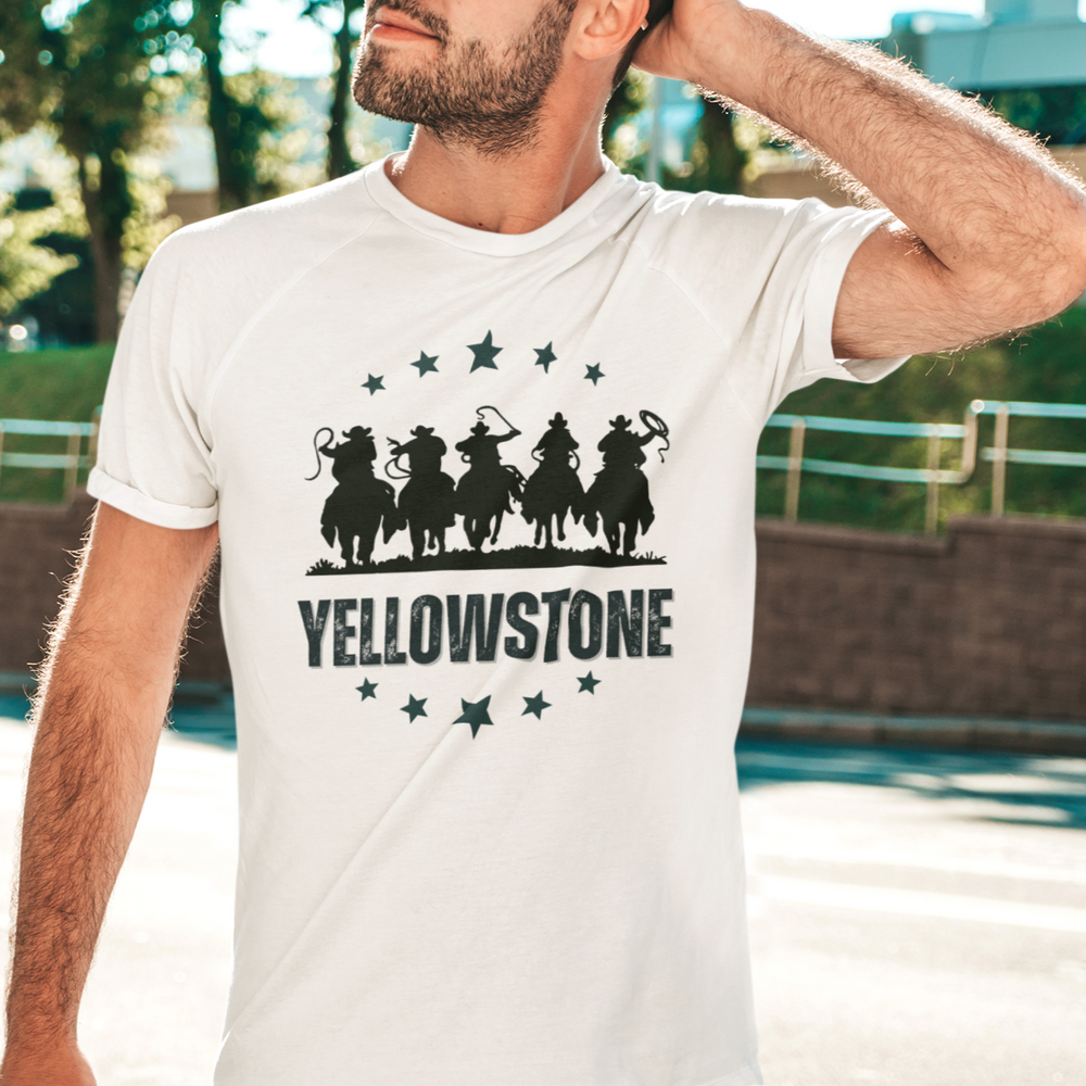 A premium Yellowstone Tee for men, featuring a man in sunglasses and a white shirt. Comfy and light, with ribbed knit collar and roomy fit. Ideal for workouts and daily wear.