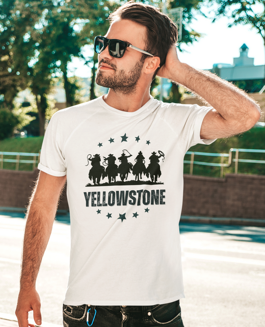 A premium Yellowstone Tee for men, featuring a man in sunglasses and a white shirt. Comfy and light, with ribbed knit collar and roomy fit. Ideal for workouts and daily wear.