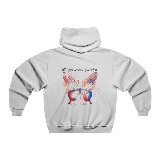 A white hoodie featuring a butterfly design, made of a cotton-polyester blend for comfort and warmth. Unisex, with a kangaroo pocket and drawstring hood. From Worlds Worst Tees.