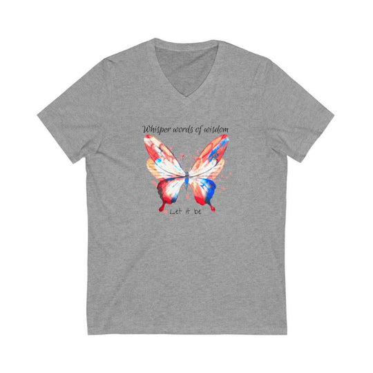 A grey v-neck tee featuring a butterfly design, ideal for active pursuits. Made of 100% polyester, breathable, and odor-resistant, perfect for workouts or outdoor activities. From 'Worlds Worst Tees'.