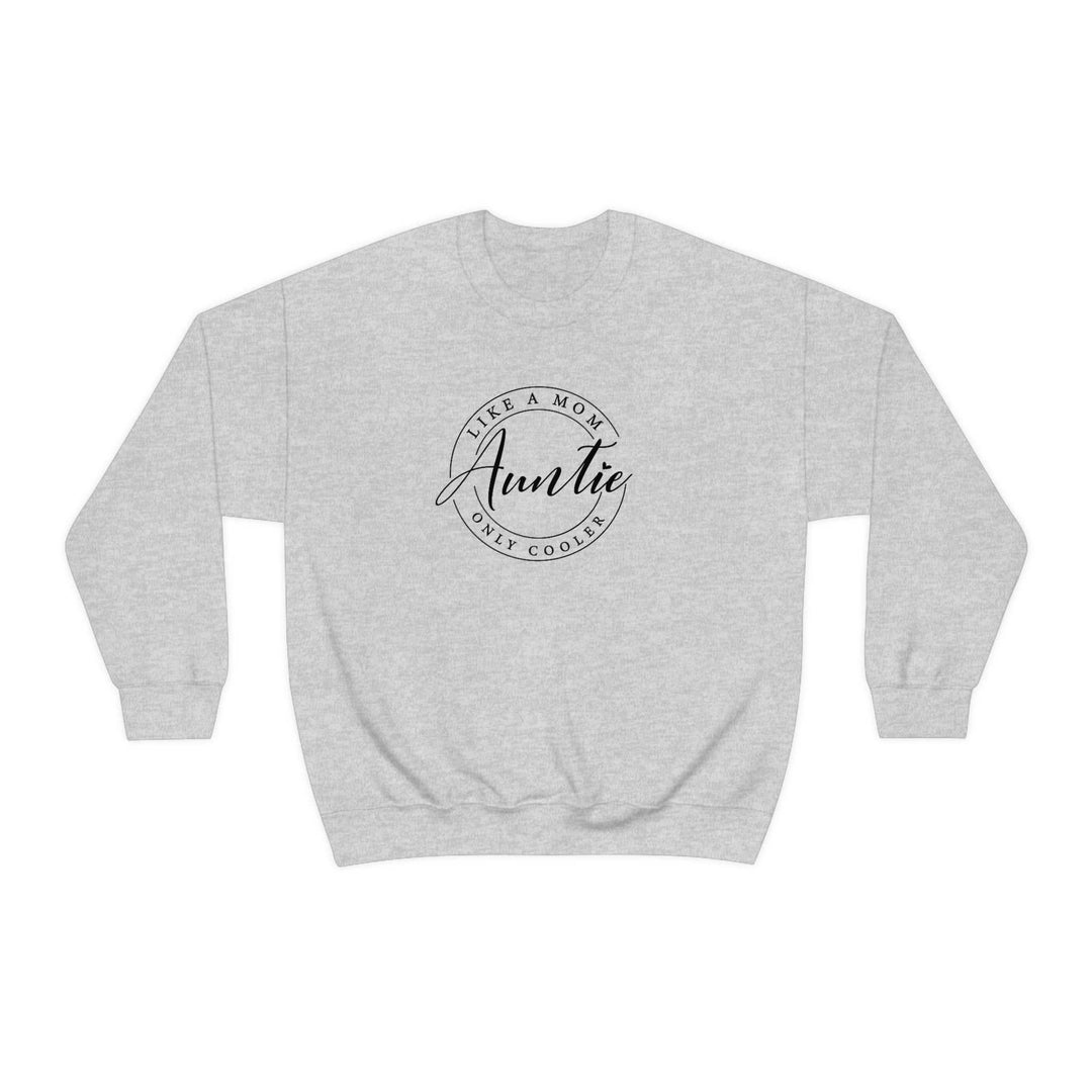 Auntie Crewneck unisex sweatshirt, grey with black text. Heavy blend fabric, ribbed knit collar, no itchy seams. 50% cotton, 50% polyester, loose fit, sewn-in label. Ideal comfort for any occasion.