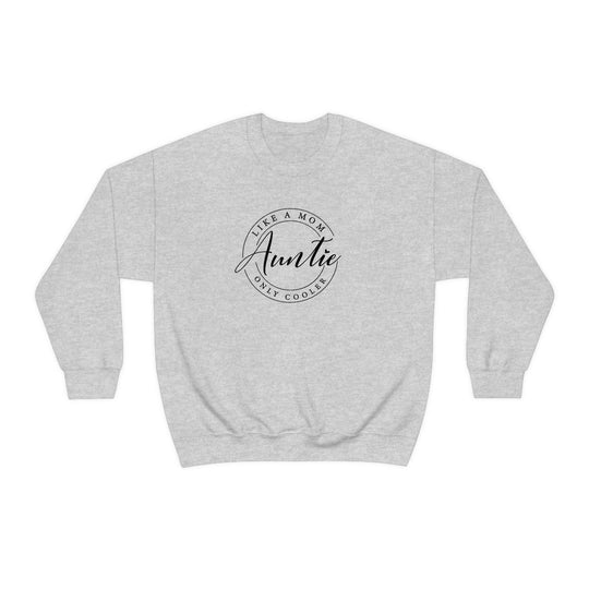 Auntie Crewneck unisex sweatshirt, grey with black text. Heavy blend fabric, ribbed knit collar, no itchy seams. 50% cotton, 50% polyester, loose fit, sewn-in label. Ideal comfort for any occasion.