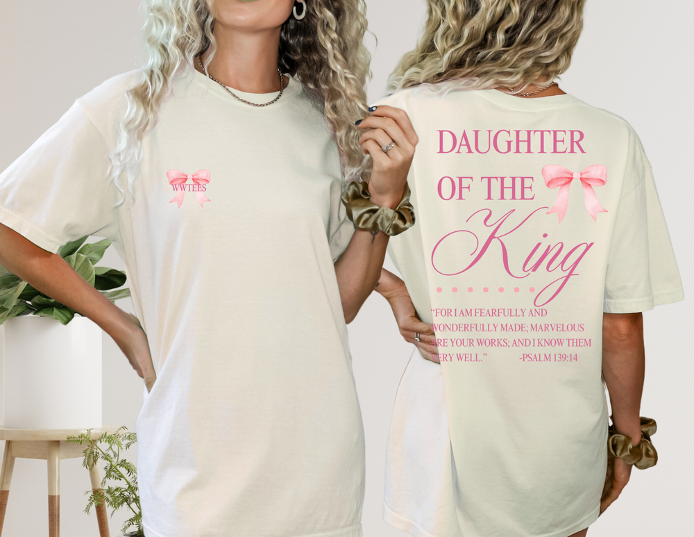 Daughter of the King Tee: Unisex oversized drop-shoulder t-shirt with vintage-washed look, ribbed crew neck, and reinforced stitching for streetwear style and comfort.