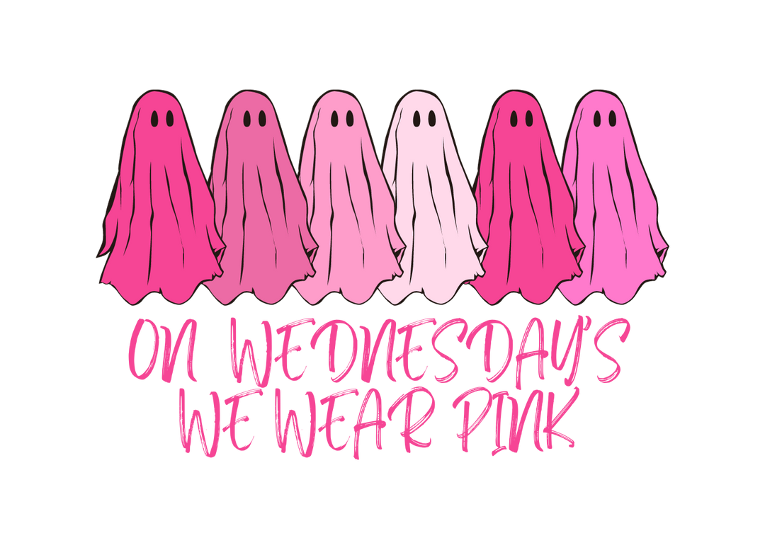 A baby long-sleeved bodysuit featuring a group of pink ghosts, with plastic snaps for easy changing. Made of 100% combed ring-spun cotton for softness and durability. From 'Worlds Worst Tees'.