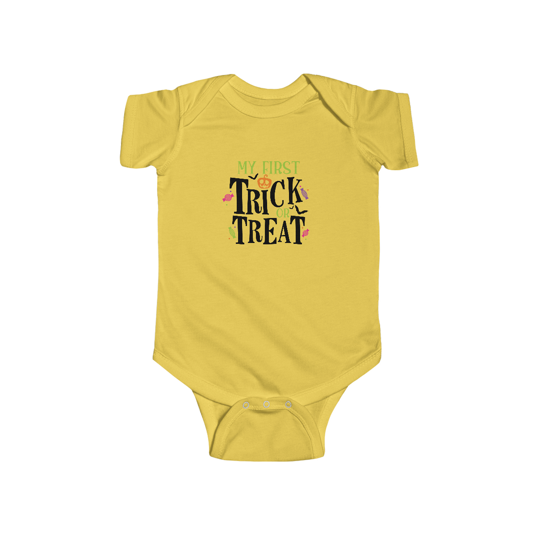 A yellow baby bodysuit with black text, featuring Trick or Treat Onesie for infants. Made of 100% cotton, with ribbed knitting for durability and plastic snaps for easy changing. From Worlds Worst Tees.