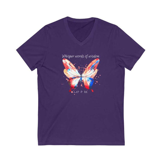 A purple v-neck tee featuring a butterfly design, ideal for active women. Made of 100% polyester for breathability during workouts or outdoor activities. Perfect for breaking records in style.