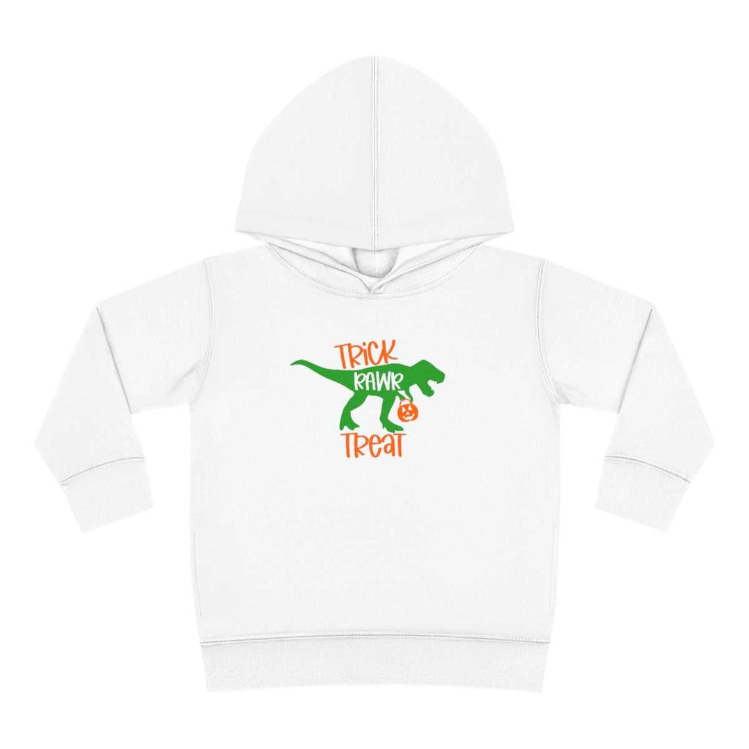 Toddler hoodie featuring a dinosaur design and orange text, ideal for Trick Rawr Treat. Jersey-lined, durable construction with cover-stitched details and side seam pockets for cozy wear. From Worlds Worst Tees.