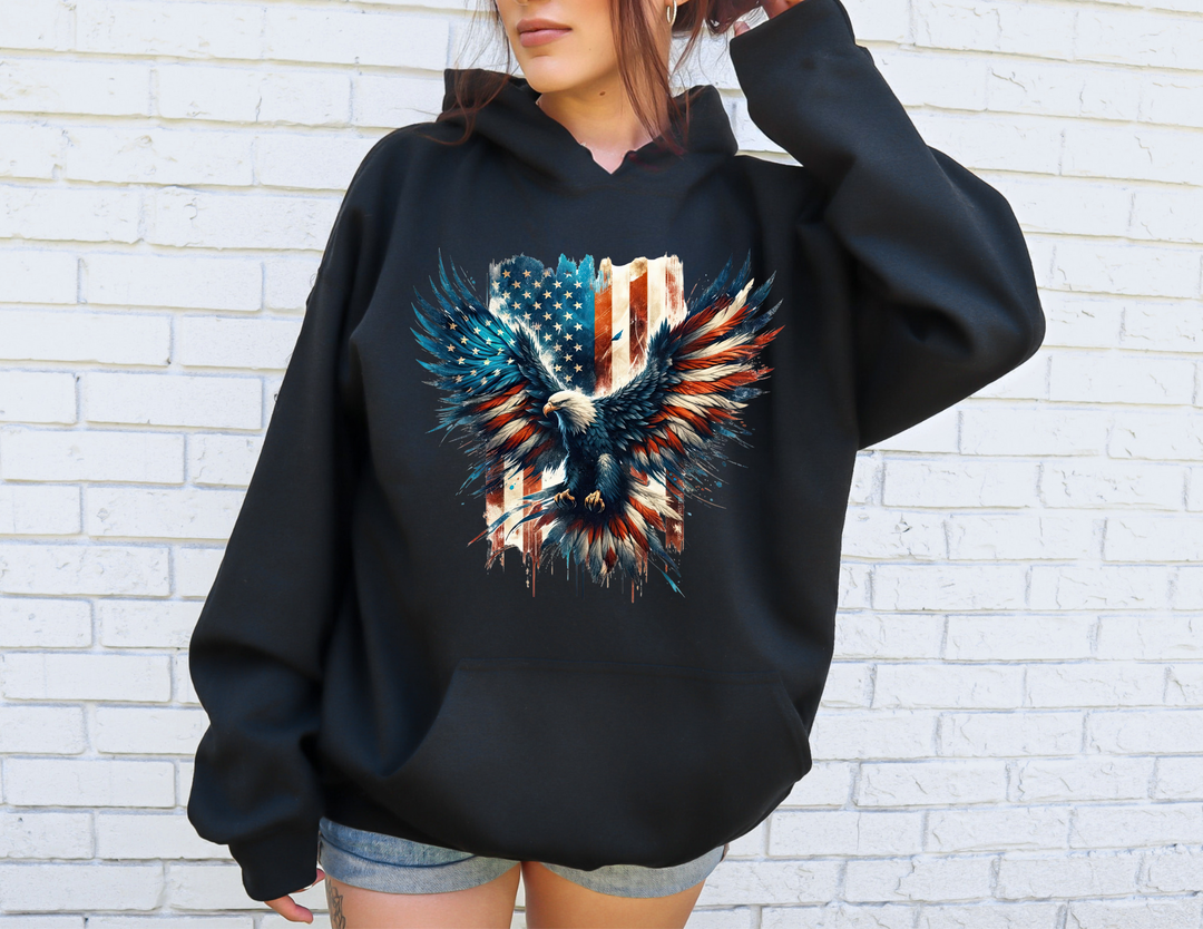 Unisex American Eagle Hoodie: A cozy blend of cotton and polyester, featuring a kangaroo pocket and drawstring hood. Medium-heavy fabric with a classic fit, perfect for printing. No side seams.