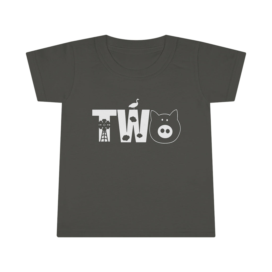 A classic fit Two Toddler Tee in grey with white text and animal designs. Made of 100% Ringspun cotton, featuring a 3/4 double-needle topstitched collar for durability. From Worlds Worst Tees.