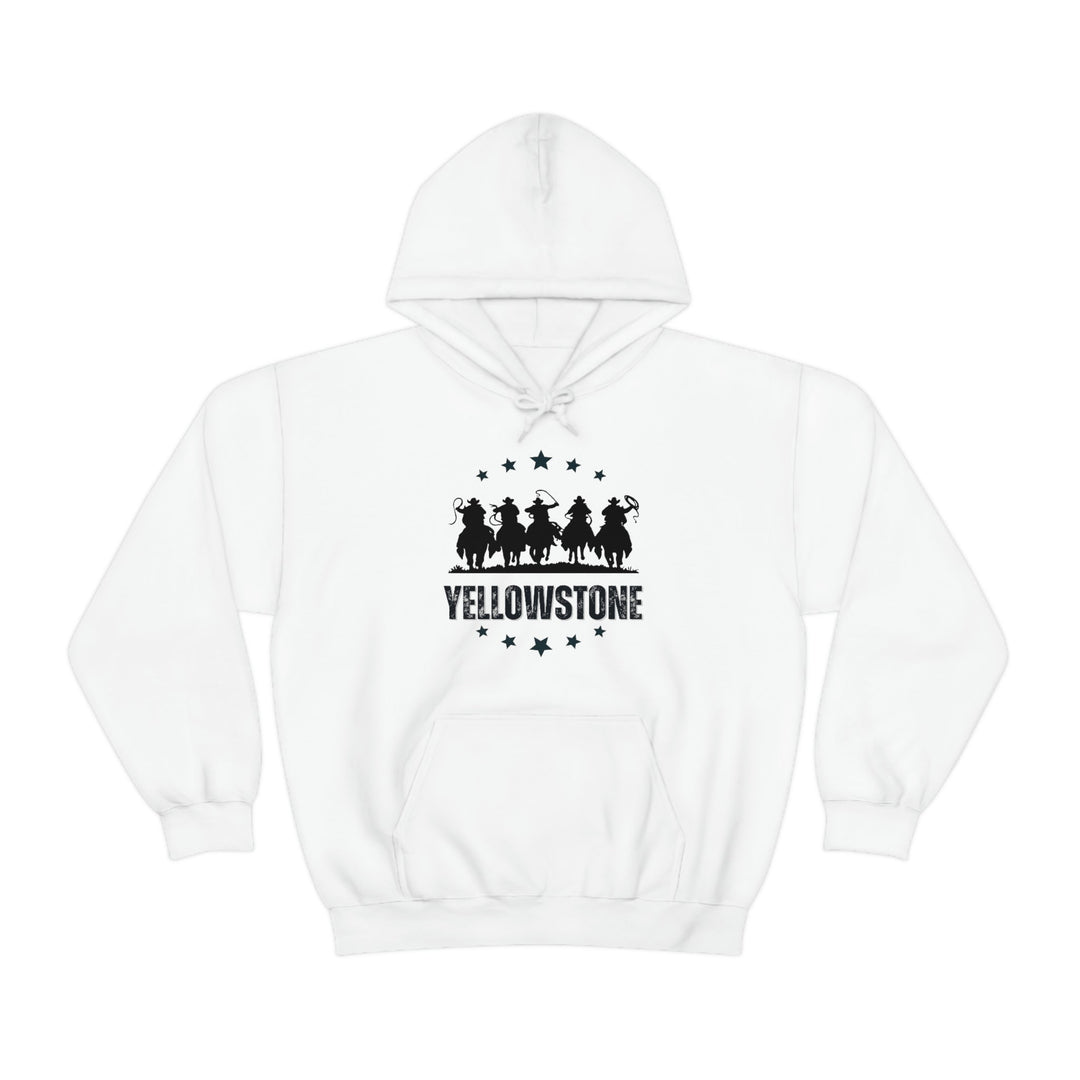 A white Yellowstone Hoodie with black text, a hood, and kangaroo pocket. Unisex heavy blend of cotton and polyester, medium-heavy fabric, tear-away label, classic fit.