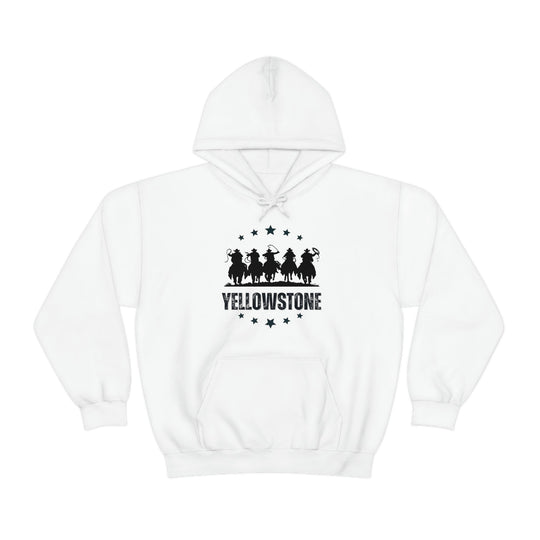A white Yellowstone Hoodie with black text, a hood, and kangaroo pocket. Unisex heavy blend of cotton and polyester, medium-heavy fabric, tear-away label, classic fit.
