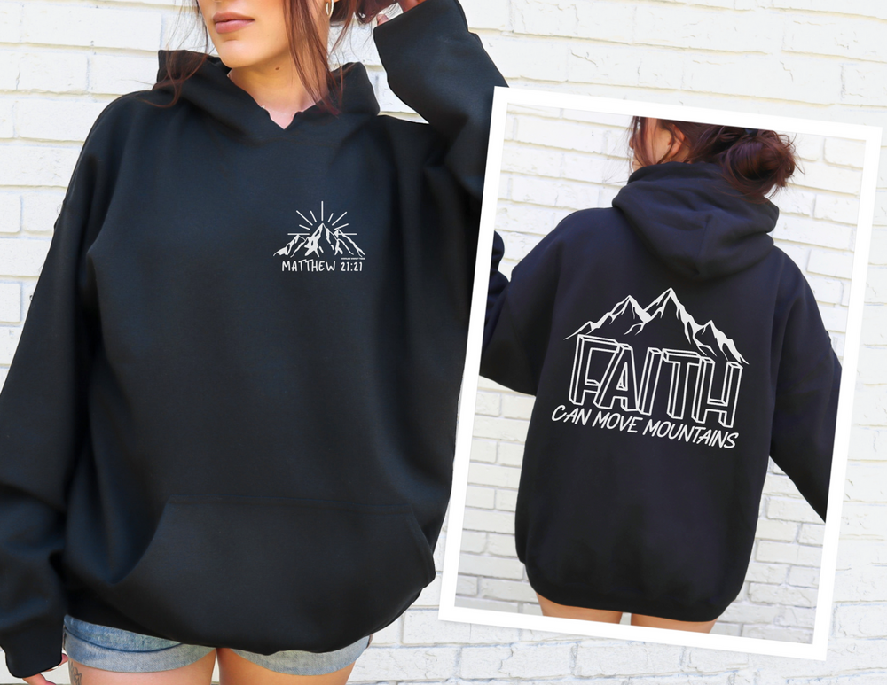 A unisex heavy blend hooded sweatshirt featuring a logo of a mountain with sun rays. Made of 50% cotton and 50% polyester, plush and warm for cold days. Kangaroo pocket and matching drawstring.