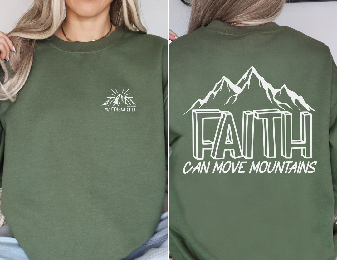 A unisex heavy blend crewneck sweatshirt featuring the Faith Can Move Mountains Crew design. Made of 50% cotton and 50% polyester, with ribbed knit collar and double-needle stitching for durability. Ethically grown US cotton.