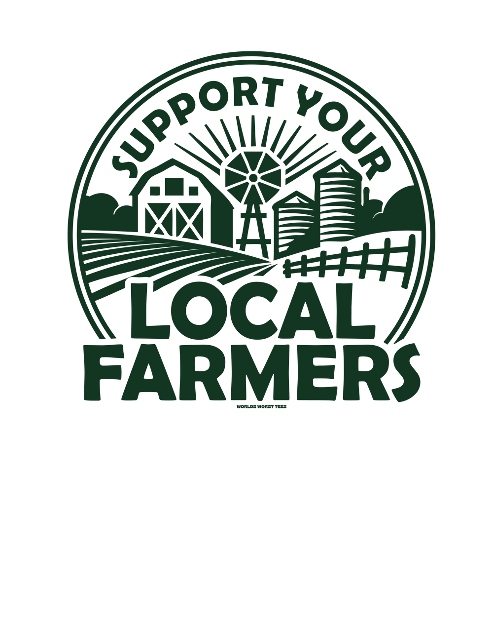 A green logo featuring farm buildings and windmills on a unisex heavy blend crewneck sweatshirt titled Support Your Local Farmer Crew by Worlds Worst Tees. Made of 50% cotton, 50% polyester, with ribbed knit collar and no itchy side seams.