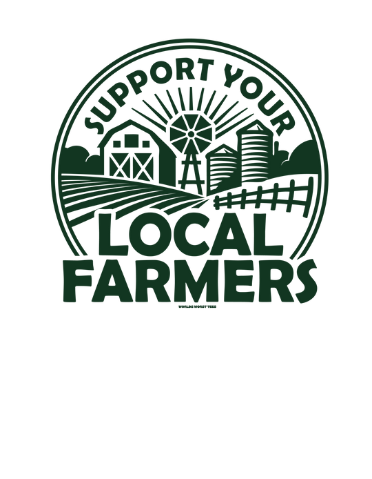 A green logo featuring farm buildings and windmills on a unisex heavy blend crewneck sweatshirt titled Support Your Local Farmer Crew by Worlds Worst Tees. Made of 50% cotton, 50% polyester, with ribbed knit collar and no itchy side seams.