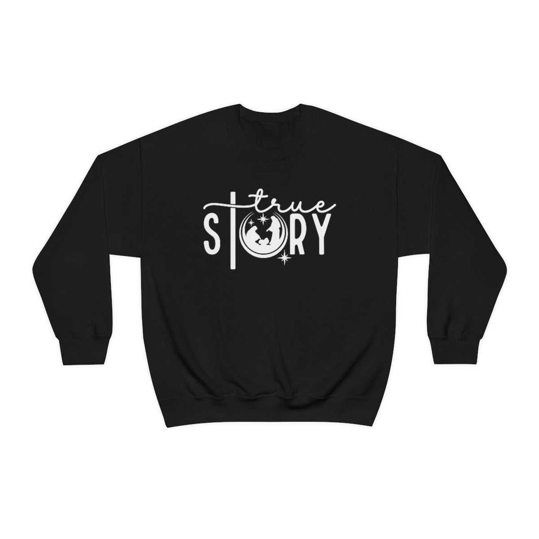 A unisex True Story Crewneck sweatshirt in black with a logo, ribbed knit collar, and no itchy side seams. Medium-heavy fabric blend of cotton and polyester for comfort and durability. Sizes S to 5XL.