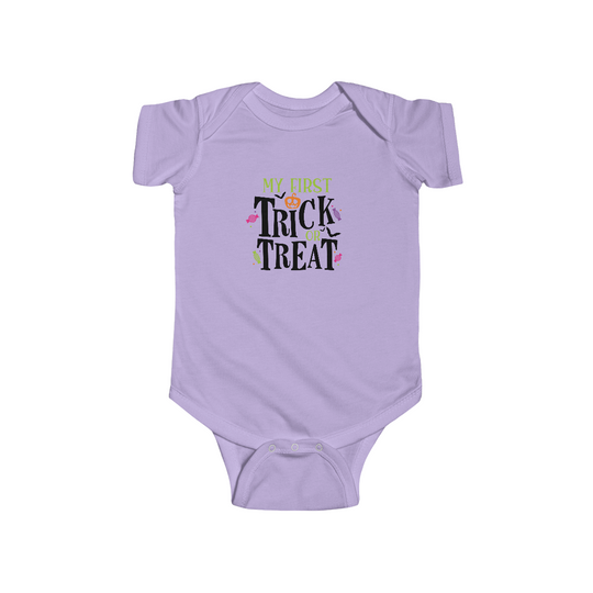 Infant fine jersey bodysuit, Trick or Treat Onesie. Purple romper with black text. Durable 100% cotton fabric, ribbed bindings, plastic snaps for easy changing. Sizes: NB-24M. Ideal for comfy playtime.