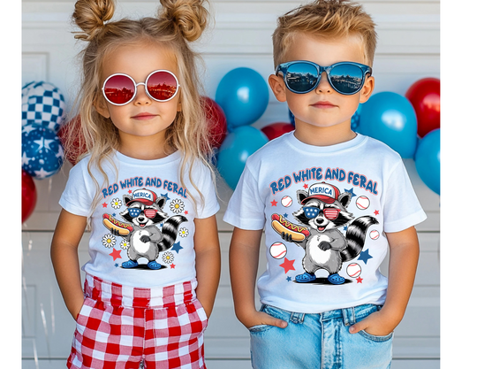 Toddler tee with Red, White and Feral Baseball 4th print, designed for comfort with soft cotton, classic fit, and durable high-quality print, ideal for toddlers.