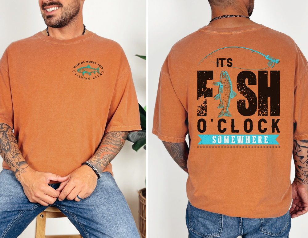 Comfort Colors 1717 It's Fish O'clock Somewhere Tee features a relaxed fit, crew neckline, and durable, garment-dyed fabric, ideal for casual wear.