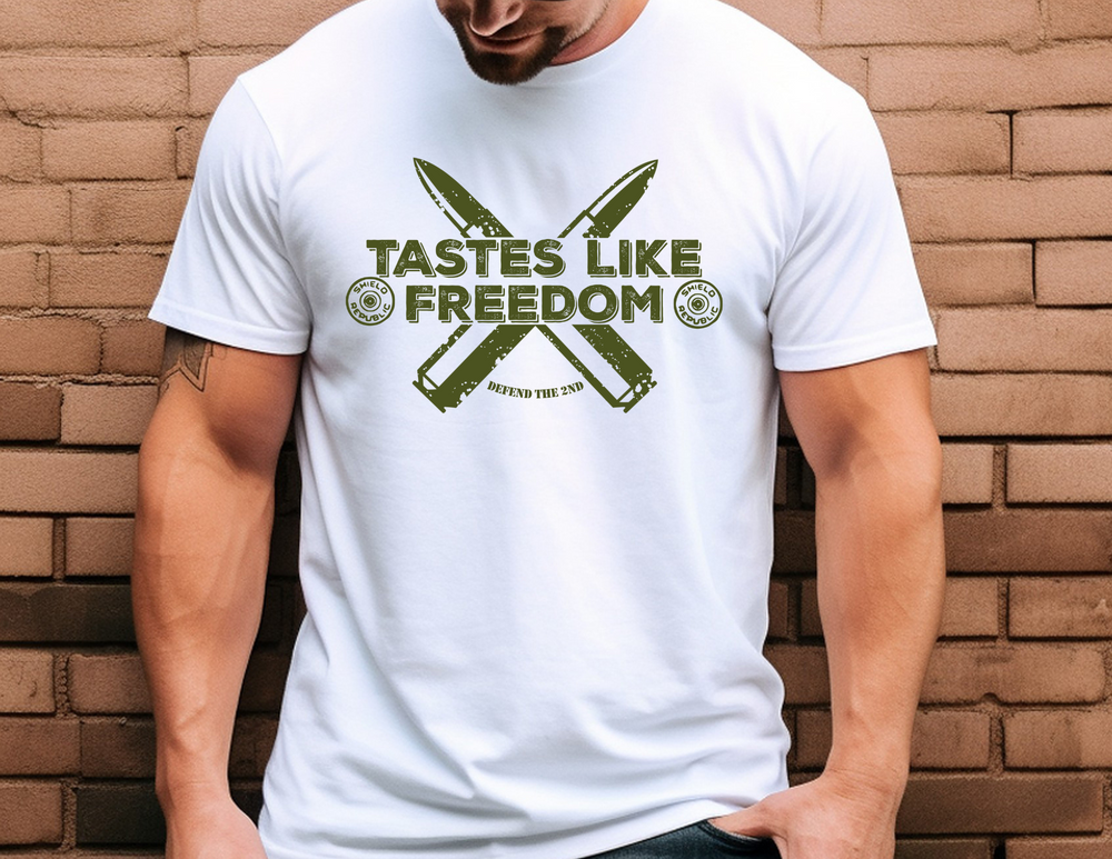 Freedom Tee: A relaxed-fit, garment-dyed t-shirt made from 100% ring-spun cotton, featuring durable double-needle stitching and a classic crew neckline.