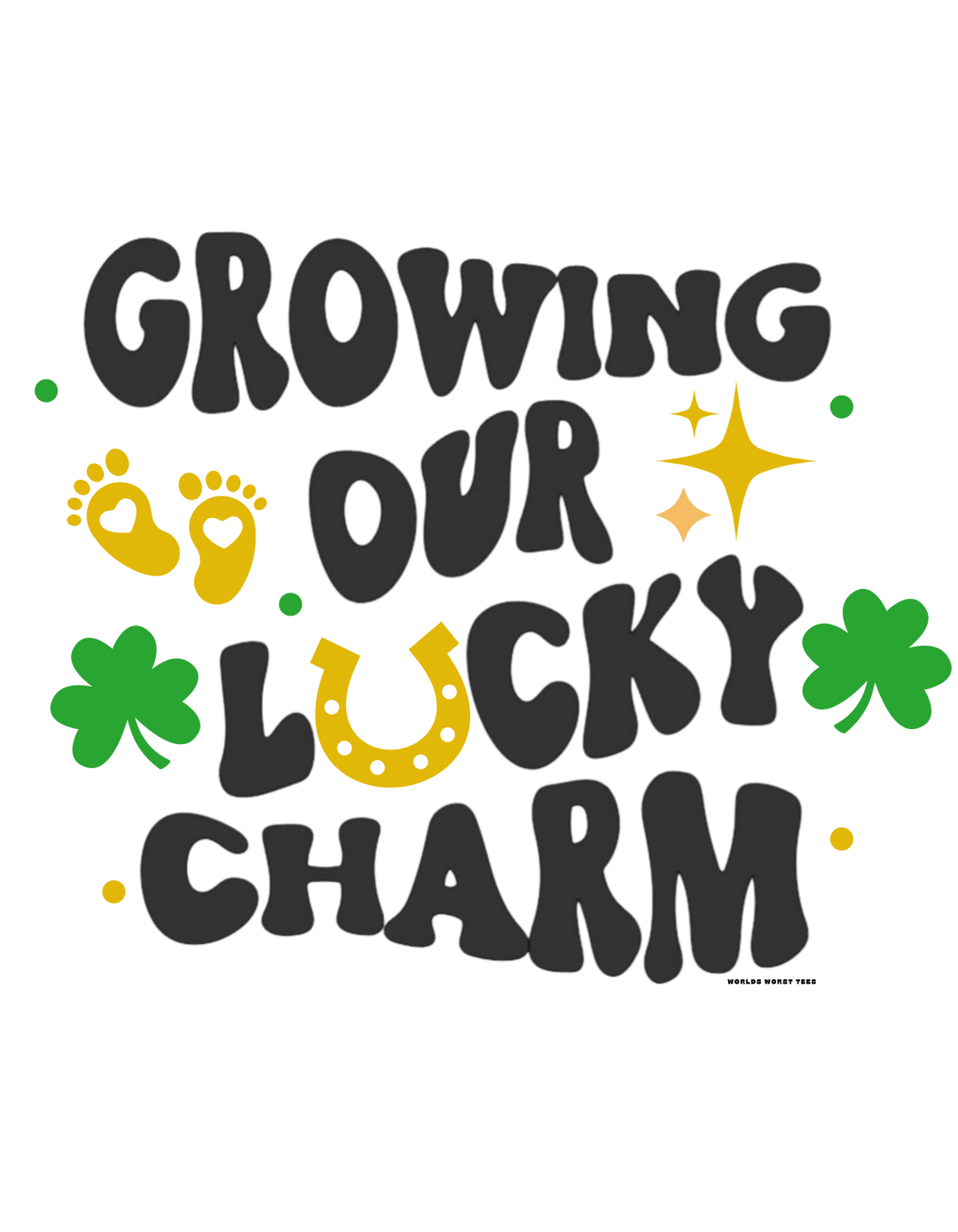 Growing our Lucky Charm Tee: Unisex heavy cotton tee with lucky symbols like horseshoes and clovers. Medium fabric, classic fit, tear-away label, ethically made with US cotton. Ideal for casual fashion.