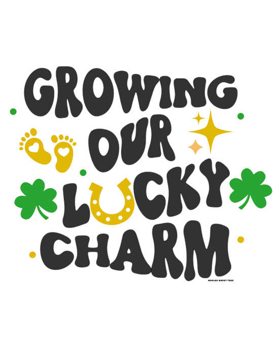 Growing our Lucky Charm Tee: Unisex heavy cotton tee with lucky symbols like horseshoes and clovers. Medium fabric, classic fit, tear-away label, ethically made with US cotton. Ideal for casual fashion.