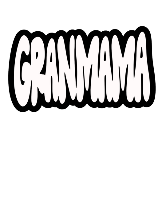 A Grandmama Tee in white text on black background, 100% ring-spun cotton, medium weight, relaxed fit, durable double-needle stitching, seamless design for tubular shape, cozy and versatile for daily wear.