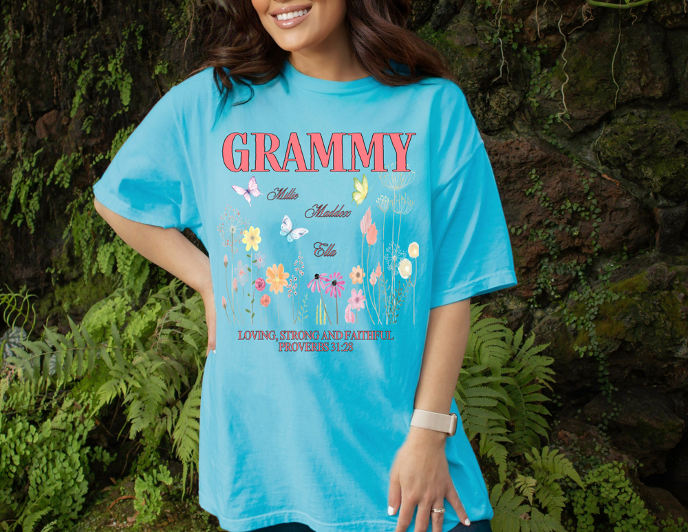 Close-up of a woman wearing the Grammy Tee- Customizable, showcasing the soft, relaxed fit of the 100% ring-spun cotton t-shirt.