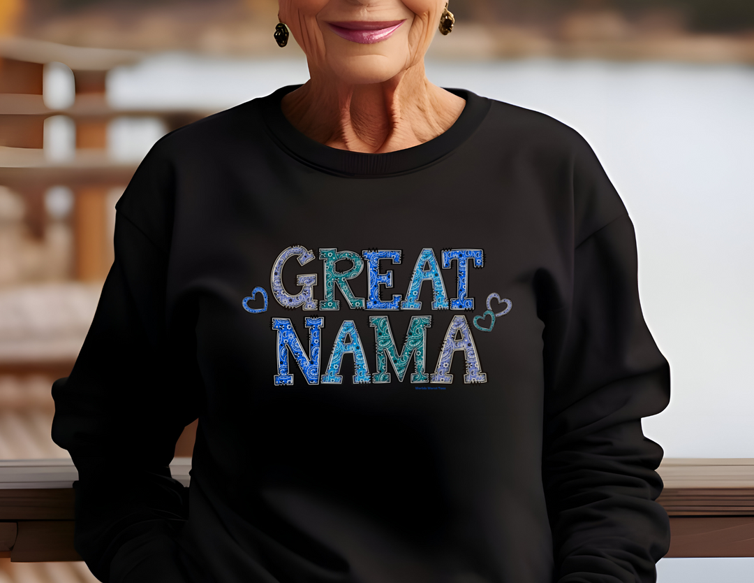 A unisex heavy blend crewneck sweatshirt, the Great Nama Crew, offers comfort with ribbed knit collar, no itchy seams, and a loose fit. Made of 50% cotton, 50% polyester, medium-heavy fabric. Sizes S-5XL.