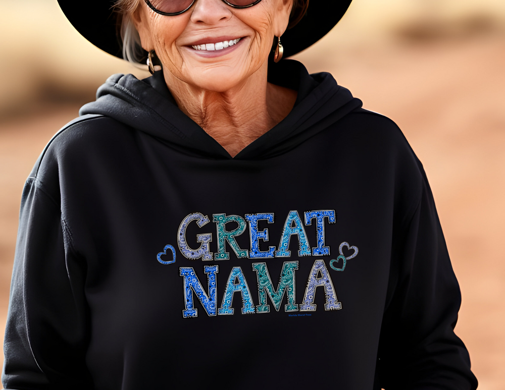 A black hat and sunglasses on a woman's face, smiling. Great Nama Hoodie: Unisex heavy blend hooded sweatshirt, cotton-polyester fabric, kangaroo pocket, matching drawstring, cozy for cold days.