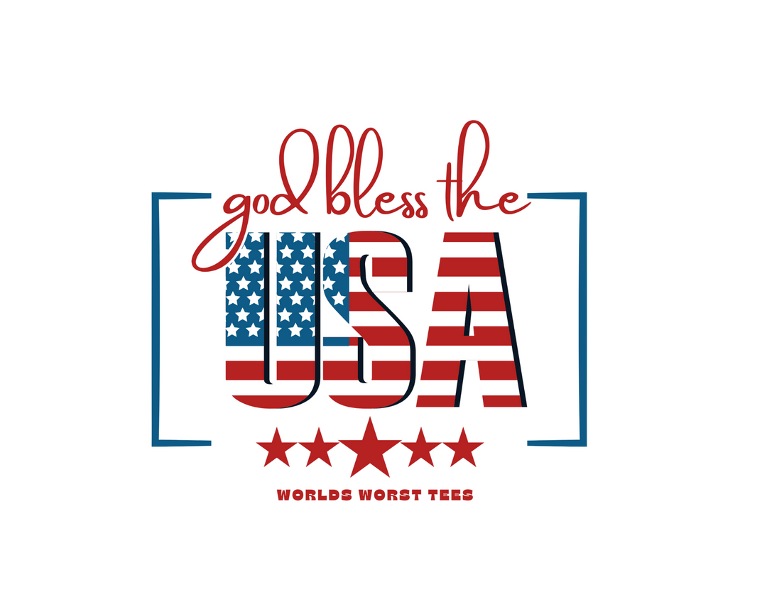 A patriotic God Bless the USA Tee featuring red, white, and blue stars and stripes. Unisex jersey tee with ribbed knit collars, taping on shoulders, and Airlume combed cotton fabric.