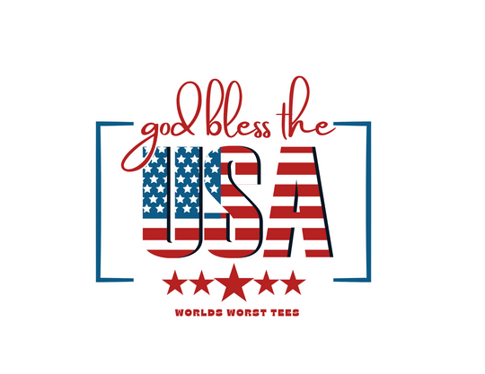 A patriotic God Bless the USA Tee featuring red, white, and blue stars and stripes. Unisex jersey tee with ribbed knit collars, taping on shoulders, and Airlume combed cotton fabric.