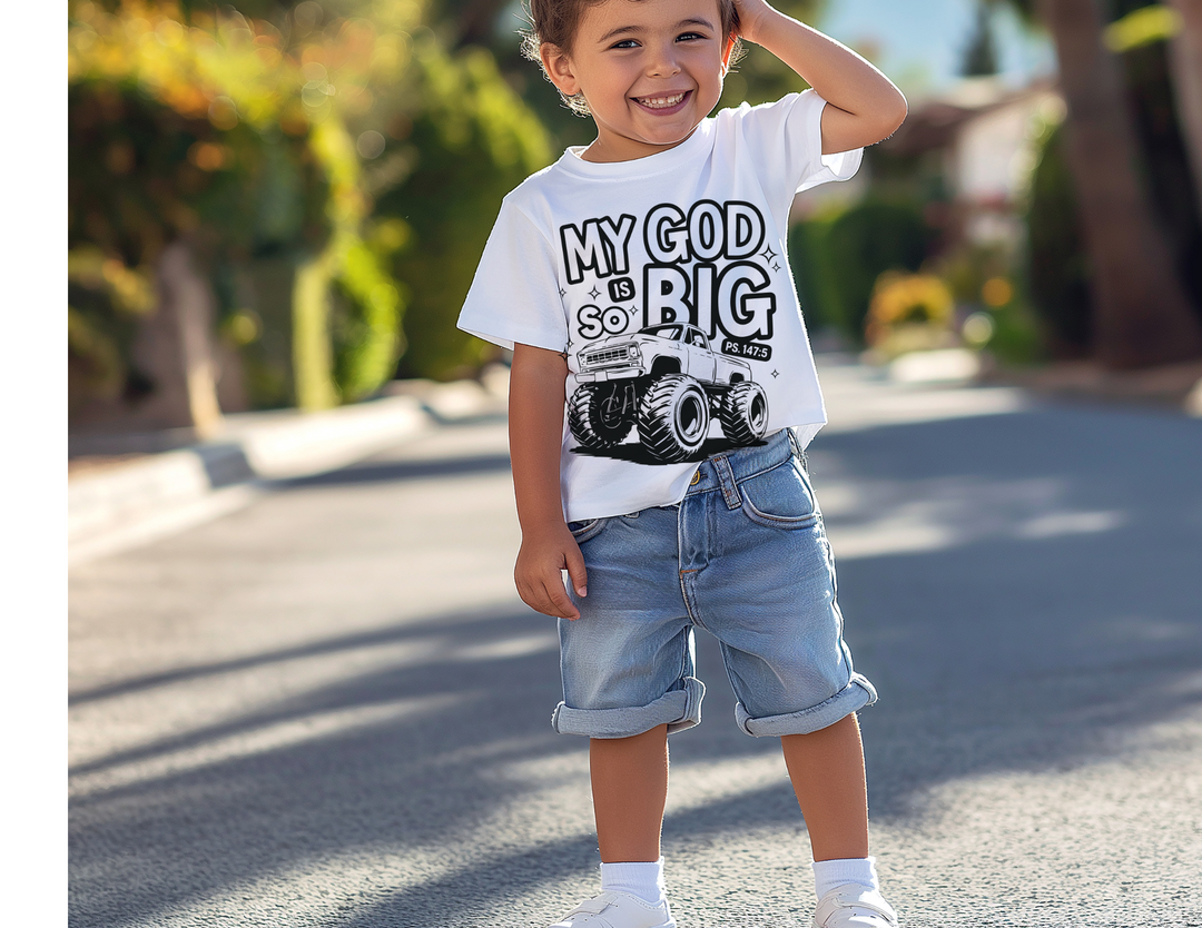 My GOD is So Big Toddler Tee, featuring a comfortable Bella Canvas design in 100% Airlume combed cotton, perfect for everyday wear by toddlers.