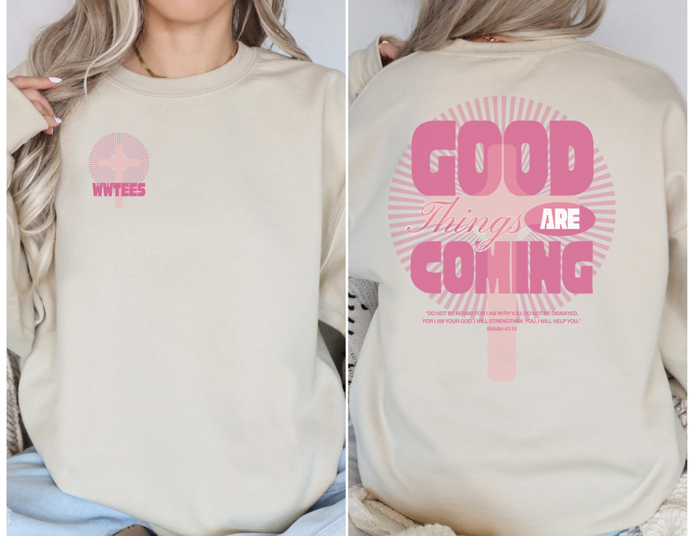 Good Things are Coming Crew: Unisex crewneck sweatshirt, medium-heavy cotton-polyester blend, ribbed collar, no side seams, durable stitching, available in multiple sizes for cozy comfort.