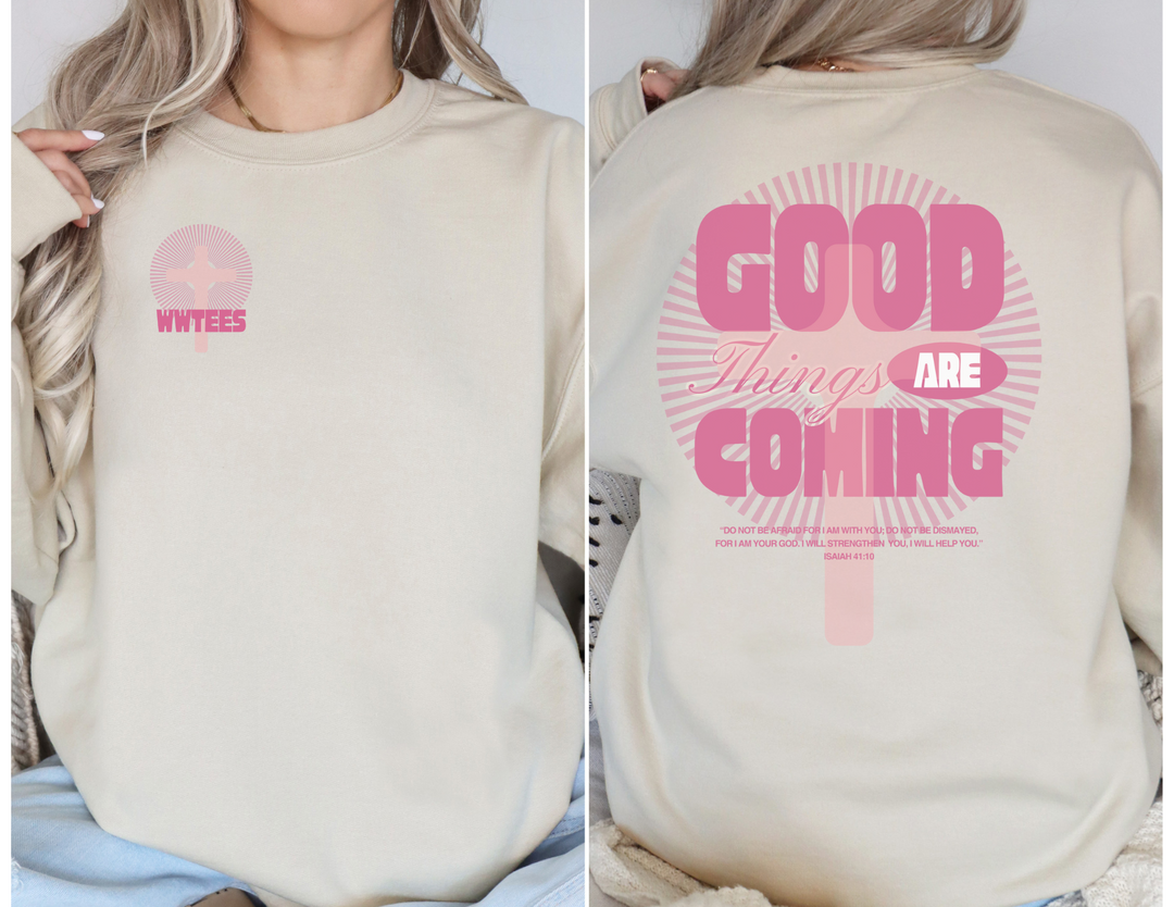 Good Things are Coming Crew: Unisex crewneck sweatshirt, medium-heavy cotton-polyester blend, ribbed collar, no side seams, durable stitching, available in multiple sizes for cozy comfort.