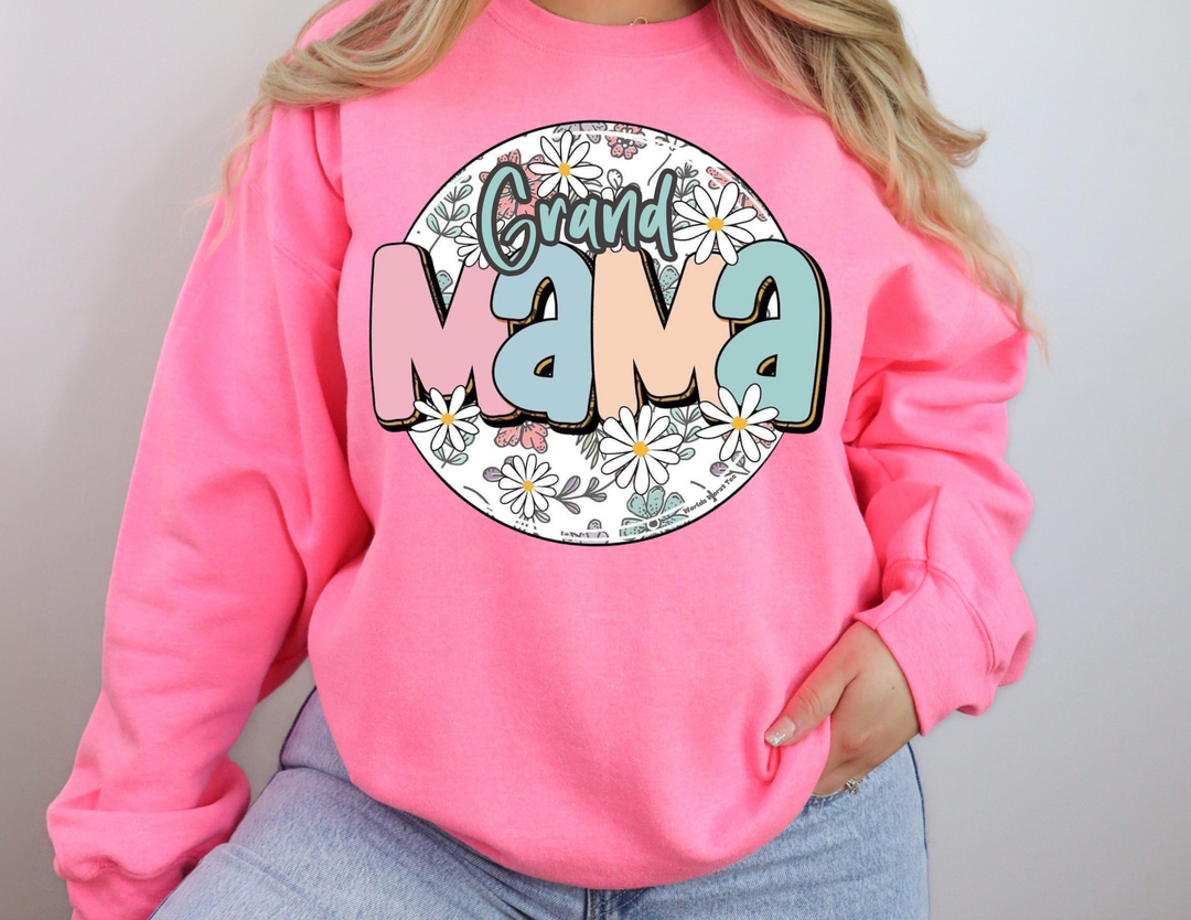 A heavy blend crewneck sweatshirt featuring a Sassy Grand Mama Flower design. Unisex, 50% cotton, 50% polyester, ribbed knit collar, no side seams, loose fit, medium-heavy fabric. Ideal comfort for all occasions.
