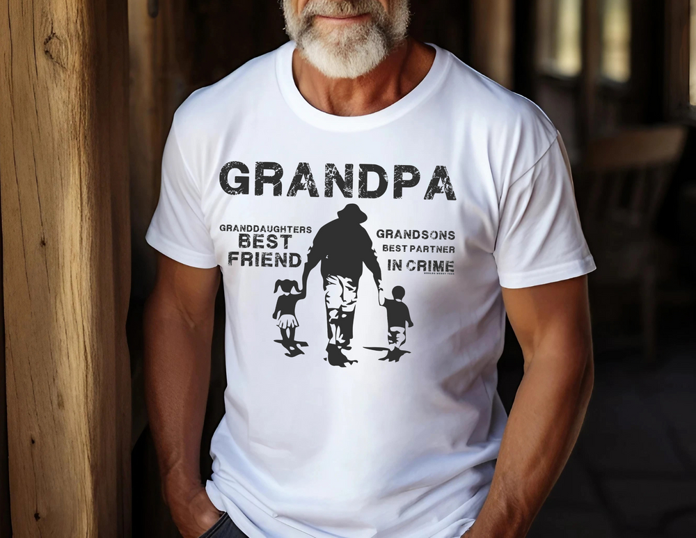 A relaxed fit Grandpa and Grandkids Tee in white, featuring a man with a beard and mustache on the shirt. Made of 100% ring-spun cotton for extra coziness and durability. Double-needle stitching and seamless design for lasting comfort.