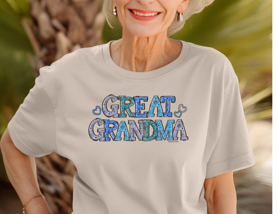 A smiling woman in a Great Grandma Tee, showcasing a classic fit unisex cotton t-shirt. No side seams for comfort, ribbed knit collar, and durable tape on shoulders. Sizes S-5XL.