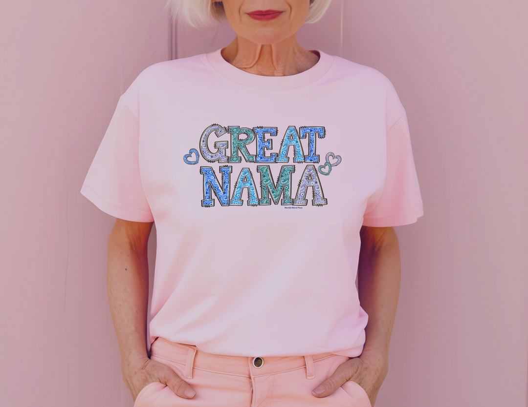 A relaxed fit Great Nama Tee in pink, crafted from 100% ring-spun cotton. Garment-dyed for extra softness, featuring double-needle stitching for durability and a seamless design for a tubular shape.