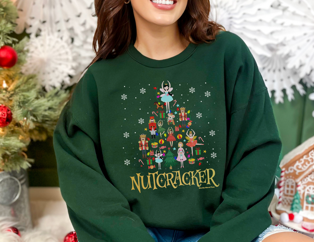 A loose-fit Nutcracker Crew sweatshirt in medium-heavy fabric, featuring a cartoon nutcracker design. Unisex, ribbed knit collar, 50% cotton, 50% polyester blend for comfort. Sewn-in label, true to size.