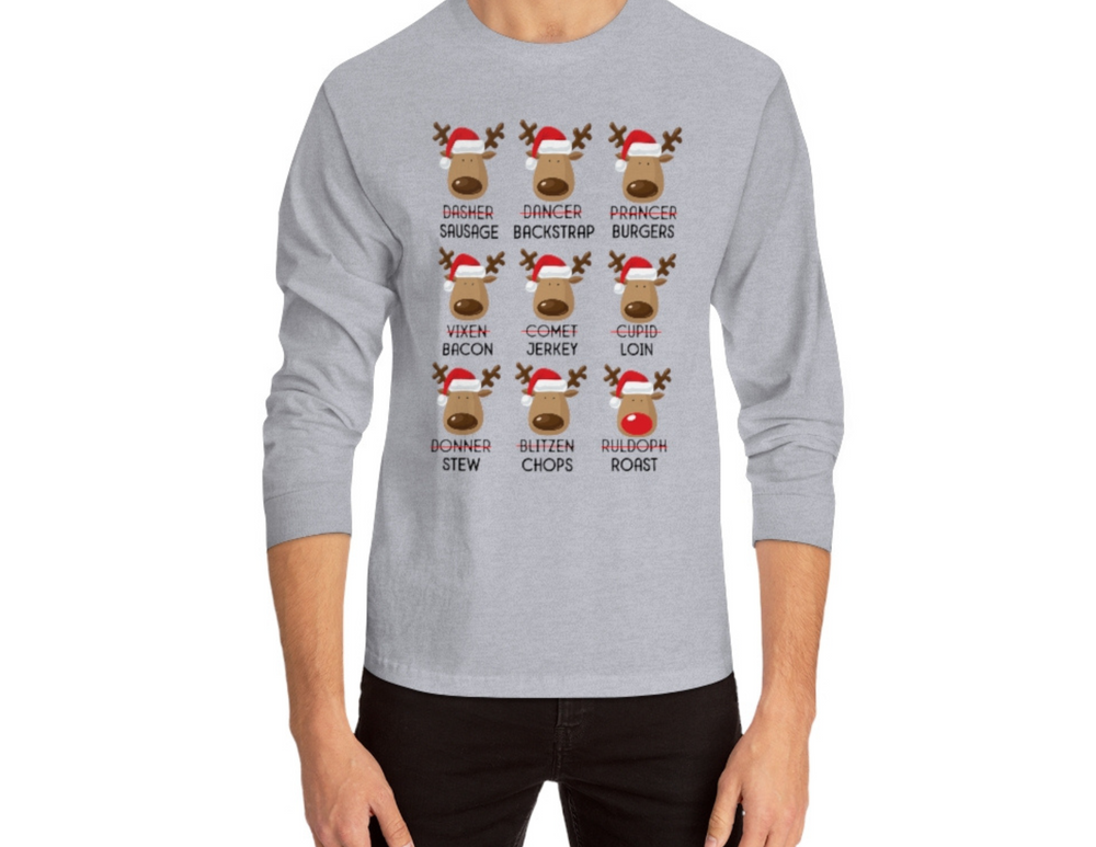 A reindeer-themed Long Sleeve Tee, featuring a cartoon reindeer design. Casual comfort with a classic fit, no side seams, and taped shoulders for durability. Environmentally friendly 100% cotton fabric.