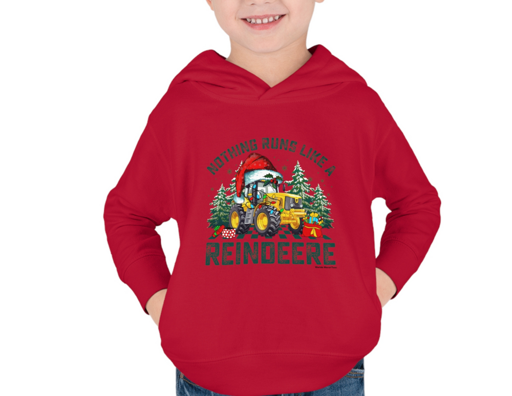 A cozy Reindeere Toddler Hoodie with side seam pockets, double-needle hem hood, and cover-stitched details. Designed for comfort and durability with 60% cotton, 40% polyester blend. From Worlds Worst Tees.