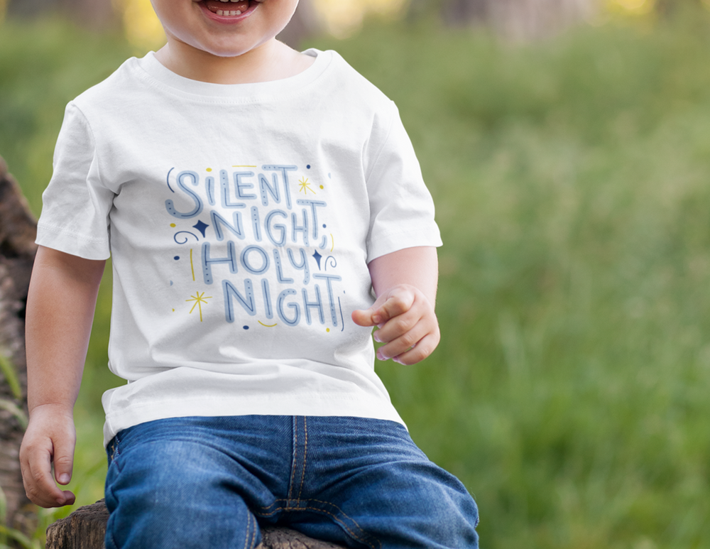 A durable infant tee with side seams, ribbed knitting, and taped shoulders for a comfy fit. Made of 100% ringspun cotton, this Silent Night Matching Baby Tee is light and classic, perfect for little ones.