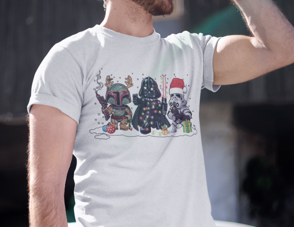 A beloved Star Wars Tee in white, featuring cartoon characters, ribbed knit collars, and shoulder taping for lasting fit. Unisex, 100% cotton, retail fit. From Worlds Worst Tees.