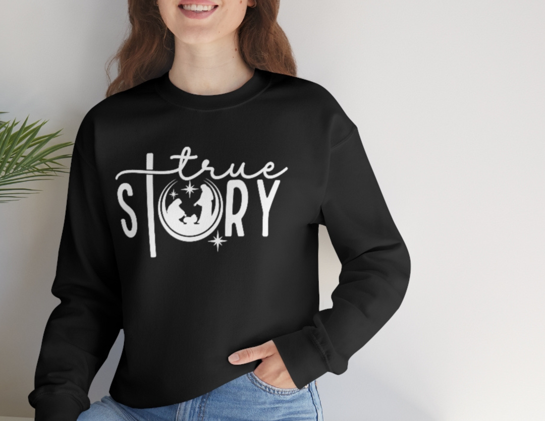 A unisex True Story Crewneck sweatshirt in black, featuring a ribbed knit collar for shape retention. Made of 50% cotton and 50% polyester, with a loose fit and no itchy side seams. Medium-heavy fabric.