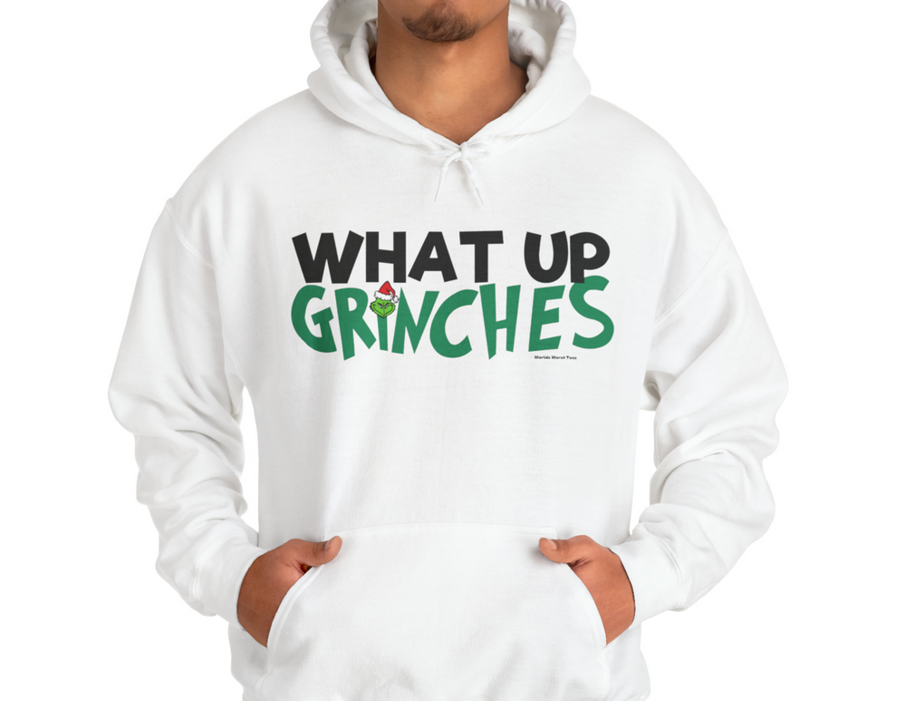 Unisex heavy blend hooded sweatshirt featuring What up Grinches design. Cotton-polyester fabric, kangaroo pocket, drawstring hood. Classic fit, tear-away label, ideal for printing. From 'Worlds Worst Tees'.