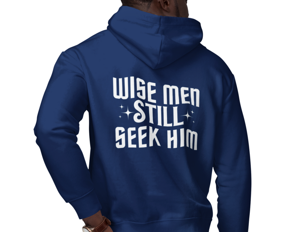 A classic Wise Men Still Seek Him Hoodie in heavy blend fabric, featuring a kangaroo pocket, drawstring hood, and cozy feel. Ideal for relaxation and warmth. Unisex sizing available from S to 5XL.