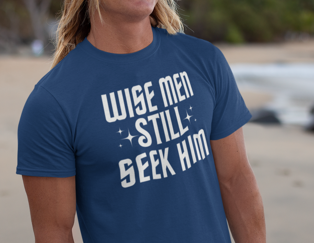 A premium Wise Men Still Seek Him Tee for men, featuring a comfy, light fit with ribbed knit collar and roomy design. Crafted from 100% combed, ring-spun cotton for a statement in workouts or daily wear.