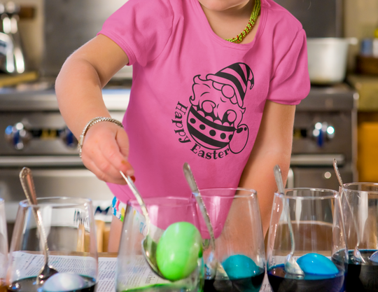 A toddler's Happy Easter Gnome Tee in 100% Airlume cotton. Short sleeves, light fabric for comfort. Ideal for kids who love unique tees.
