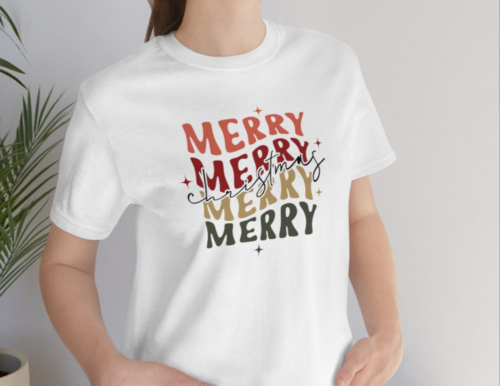 A premium Merry Merry Merry Christmas Tee for men, featuring a comfy, light fit with ribbed knit collar and side seams for structural support. 100% cotton, roomy, and perfect for workouts or daily wear.